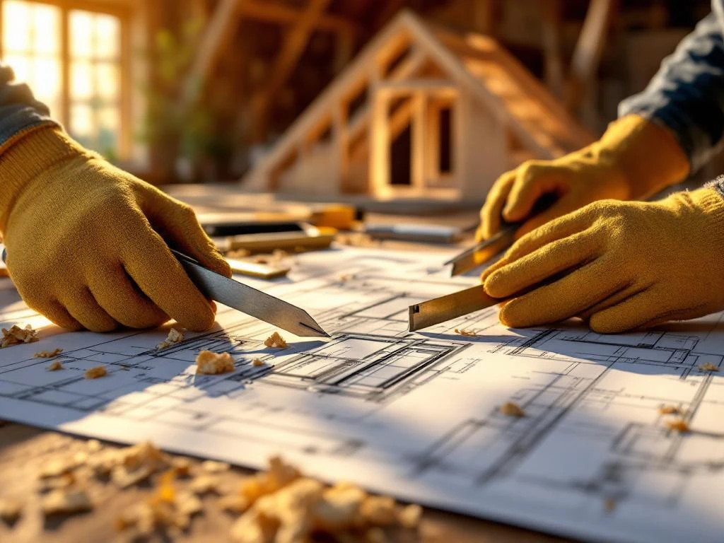 Handen in werkhandschoenen houden gereedschap boven bouwplannen van dakkapel met houten frame op achtergrond