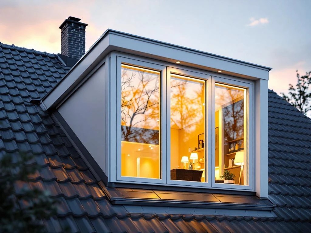Moderne Nederlandse woning met energiezuinig dakkapel, witte PVC kozijnen en LED-verlichting tijdens gouden uur