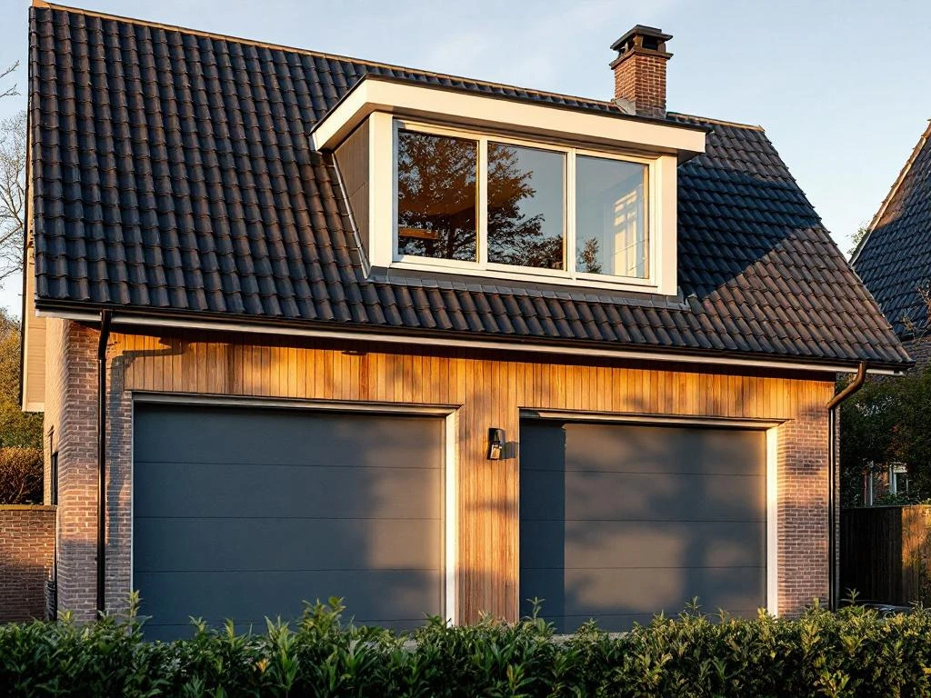 Moderne garage met witte PVC dakkapel op schuin dak, Nederlandse architectuur met donkere dakpannen en groene tuin