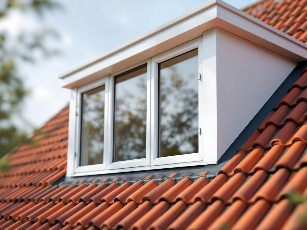Moderne dakkapel met wit PVC kozijn geïnstalleerd op traditioneel Nederlands huis met rode dakpannen