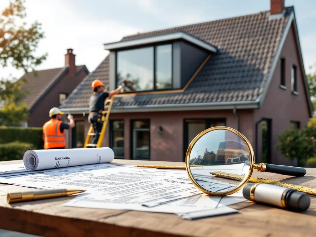 Bouwvakkers installeren moderne dakkapel op traditioneel Nederlands huis met vergunningen en gereedschap zichtbaar