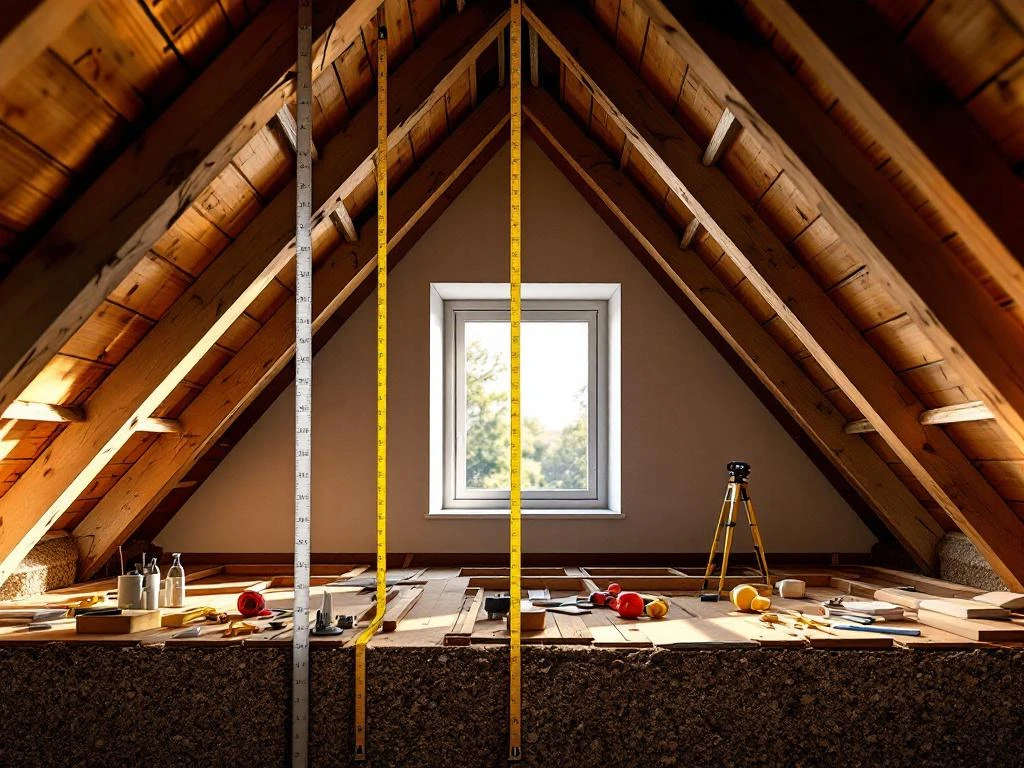 Dwarsdoorsnede van Nederlandse zolder met hoogtemetingen voor dakkapel installatie, houten balken en PVC ramen zichtbaar