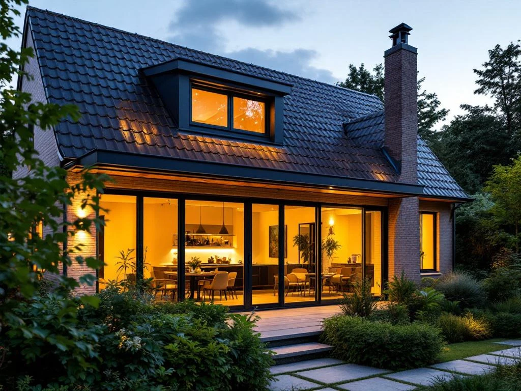 Moderne Nederlandse woning met dakkapel extensie in PVC, gefotografeerd tijdens gouden uur met professionele verlichting