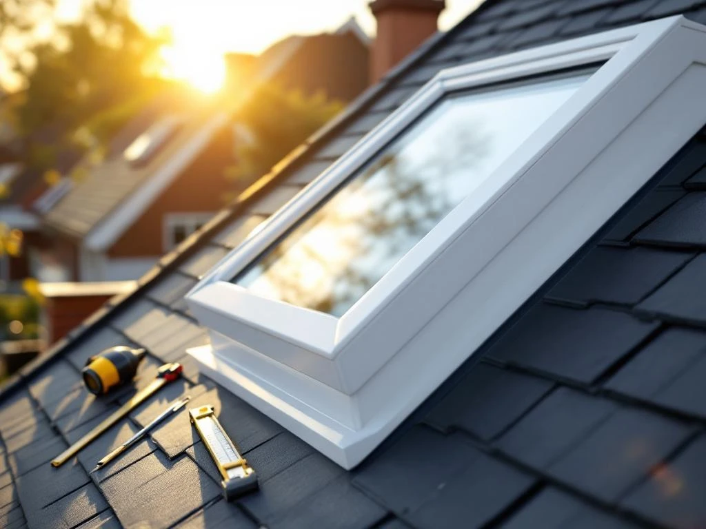 Moderne witte PVC dakkapel geïntegreerd in donkere leisteen dak met warme zonnestralen door grote glazen panelen