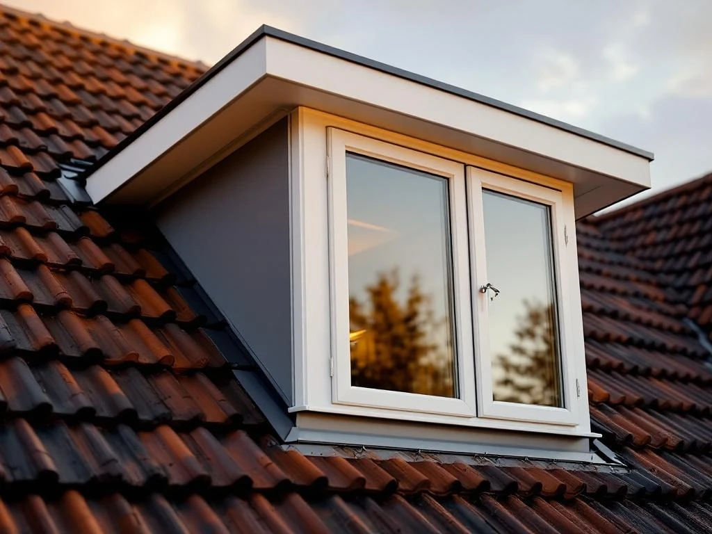 Luxe PVC dakkapel met witte kozijnen en complexe architecturale details, verlicht door gouden uurtje vanaf onderaanzicht