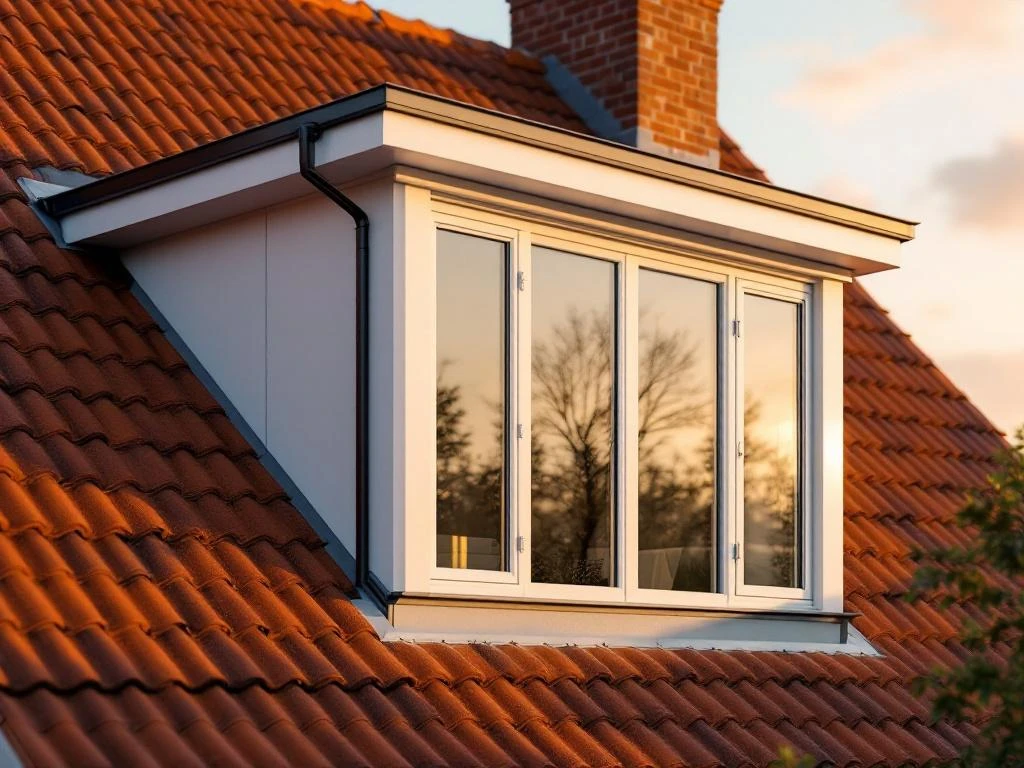 Moderne dakkapel met witte PVC-kozijnen en grote ramen op traditioneel rood pannendak bij gouden uurtje