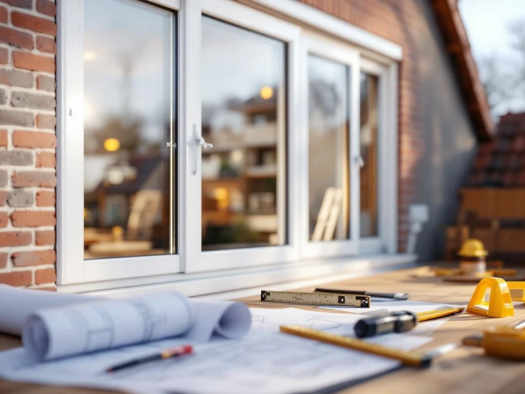 Moderne dakkapel met witte PVC kozijnen op Nederlandse woning, bouwvergunning en gereedschap op voorgrond