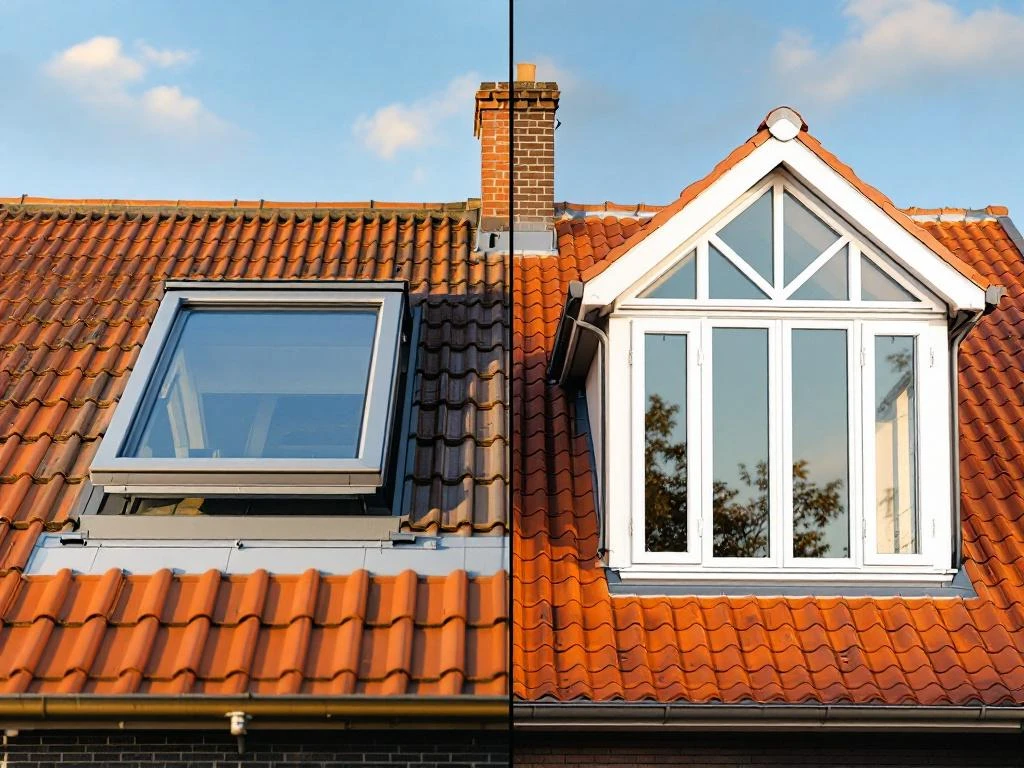 Vergelijking traditioneel Velux dakraam versus moderne dakkapel op Nederlands huis met rode dakpannen