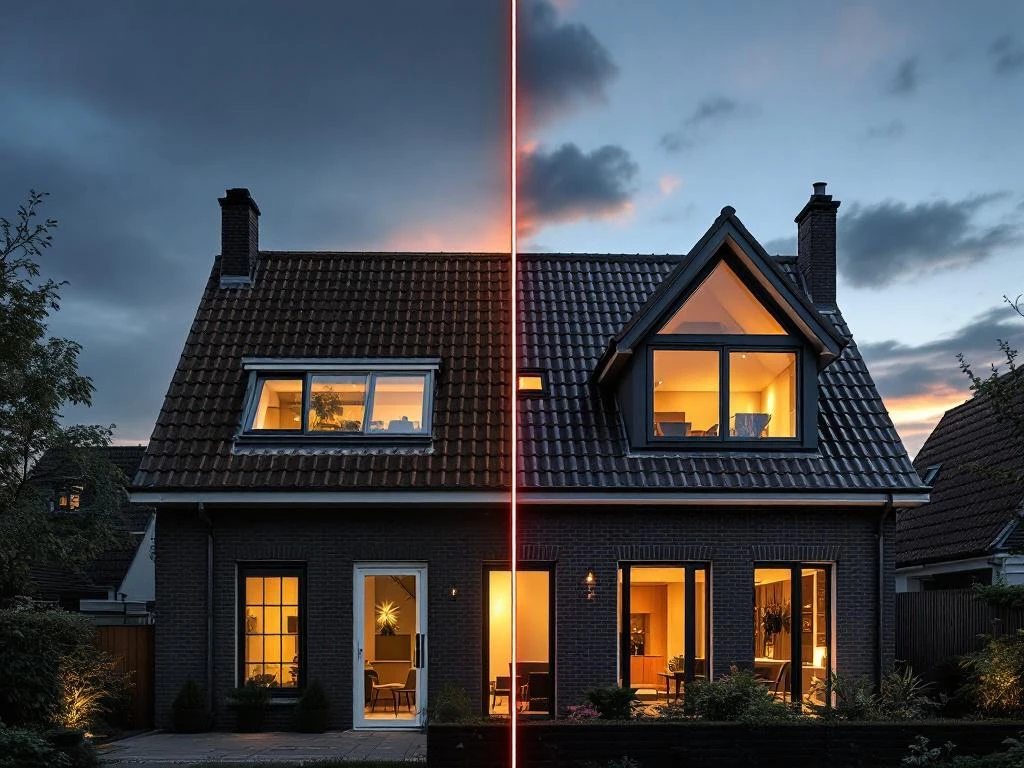 Nederlandse woning voor-en-na dakkapel renovatie met moderne PVC ramen en warme verlichting bij schemering