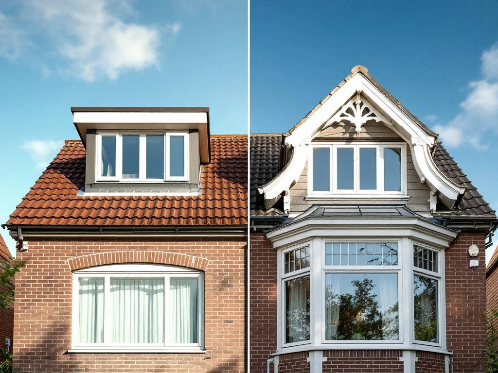 Vergelijking van moderne rechthoekige dakkapel en klassieke gebogen lucarne op traditioneel Nederlands bakstenen huis
