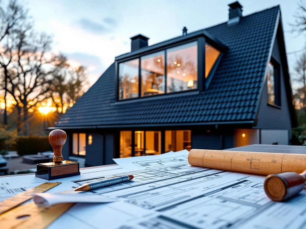 Moderne Nederlandse woning met dakkapel uitbreiding, bouwvergunning documenten en blauwdrukken op voorgrond