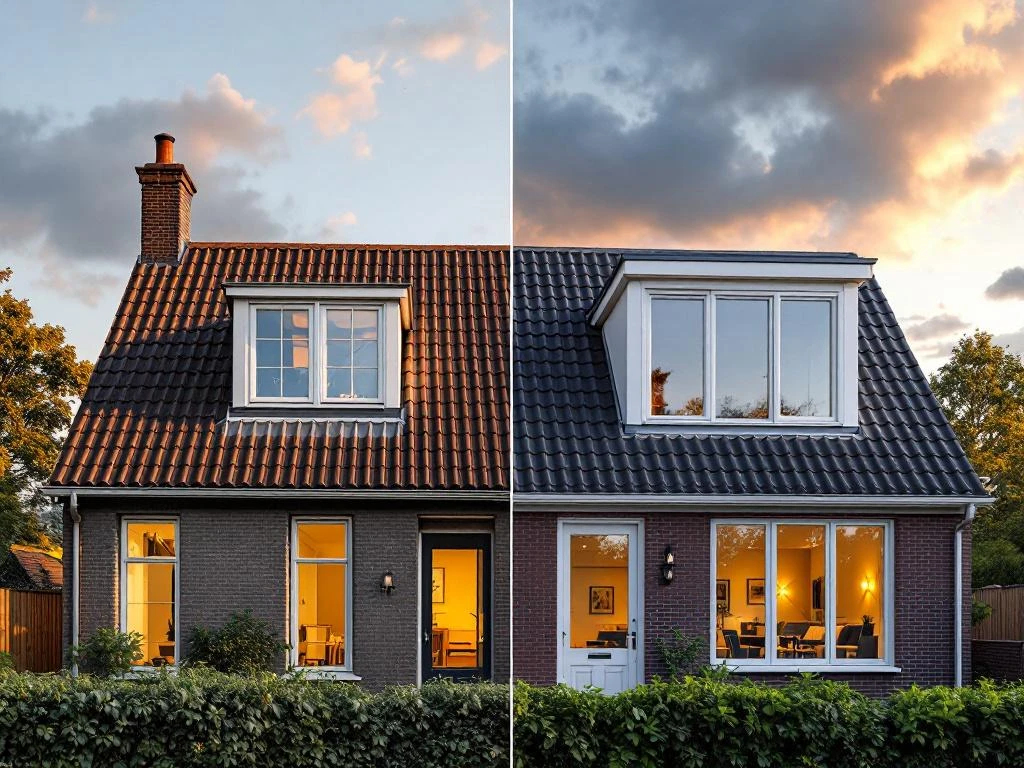 Nederlandse woning voor en na dakkapel renovatie met moderne PVC dakkapel en grote ramen in gouden uurtje verlichting