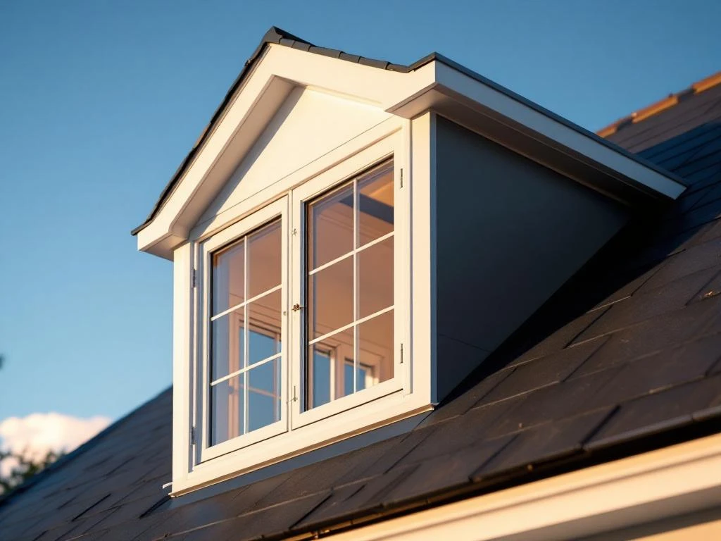 Moderne PVC dakkapel met witte kozijnen tegen donkere leistenen dak, gouden uur verlichting toont premium vakmanschap