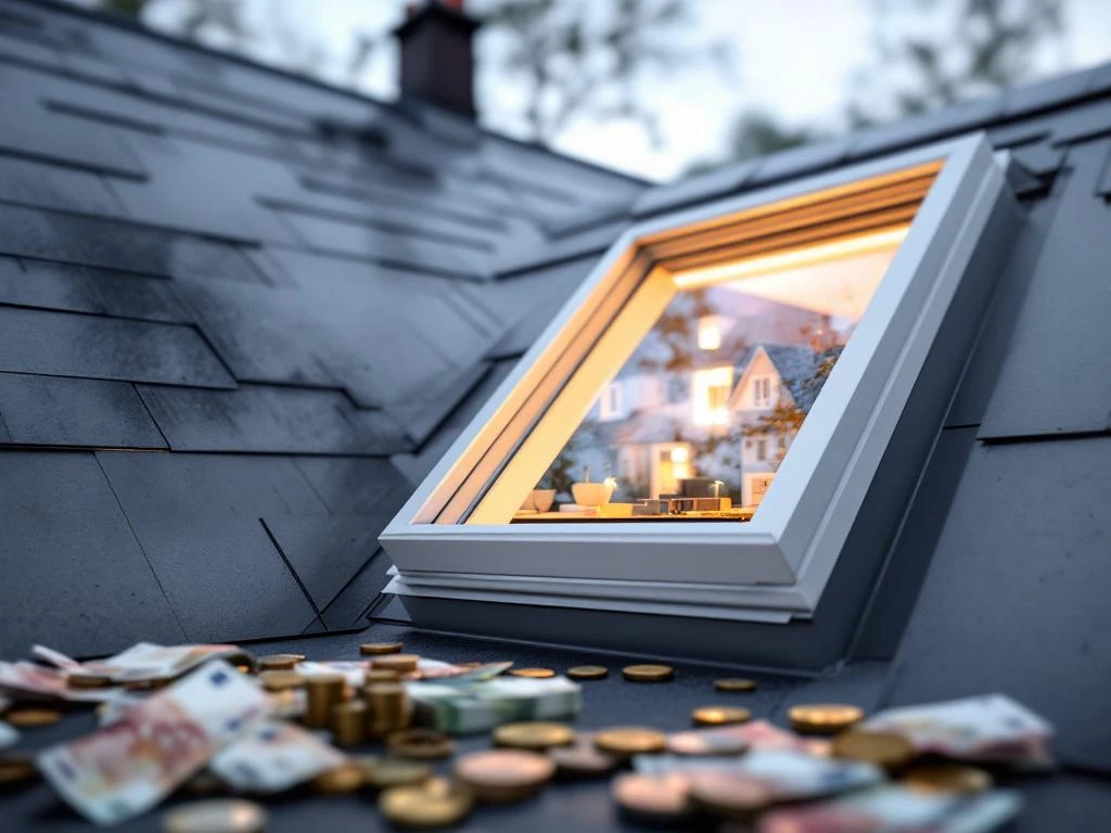 Moderne Velux dakkapel met witte PVC-kozijnen op grijs dak, eurobankbiljetten op voorgrond tonen prijsconcept