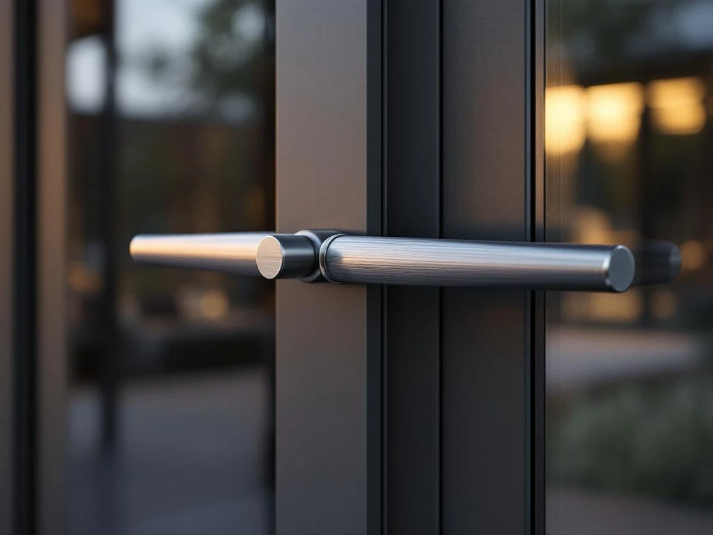 Moderne aluminium schuifdeur handgrepen met vergrendeling in geborsteld metaal tegen glazen panelen