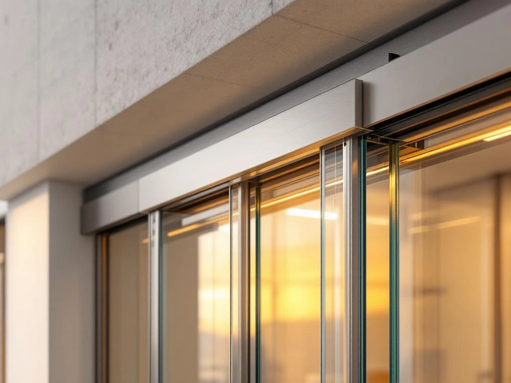 Moderne aluminium schuifdeur met glazen panelen en gedetailleerd railsysteem in natuurlijk licht