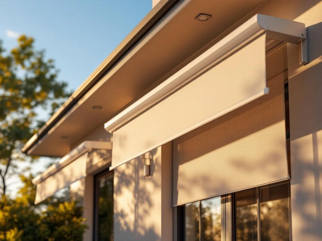 Moderne aluminium zonwering en uitschuifbare screens in wit en antraciet op eigentijdse gevelbekleding