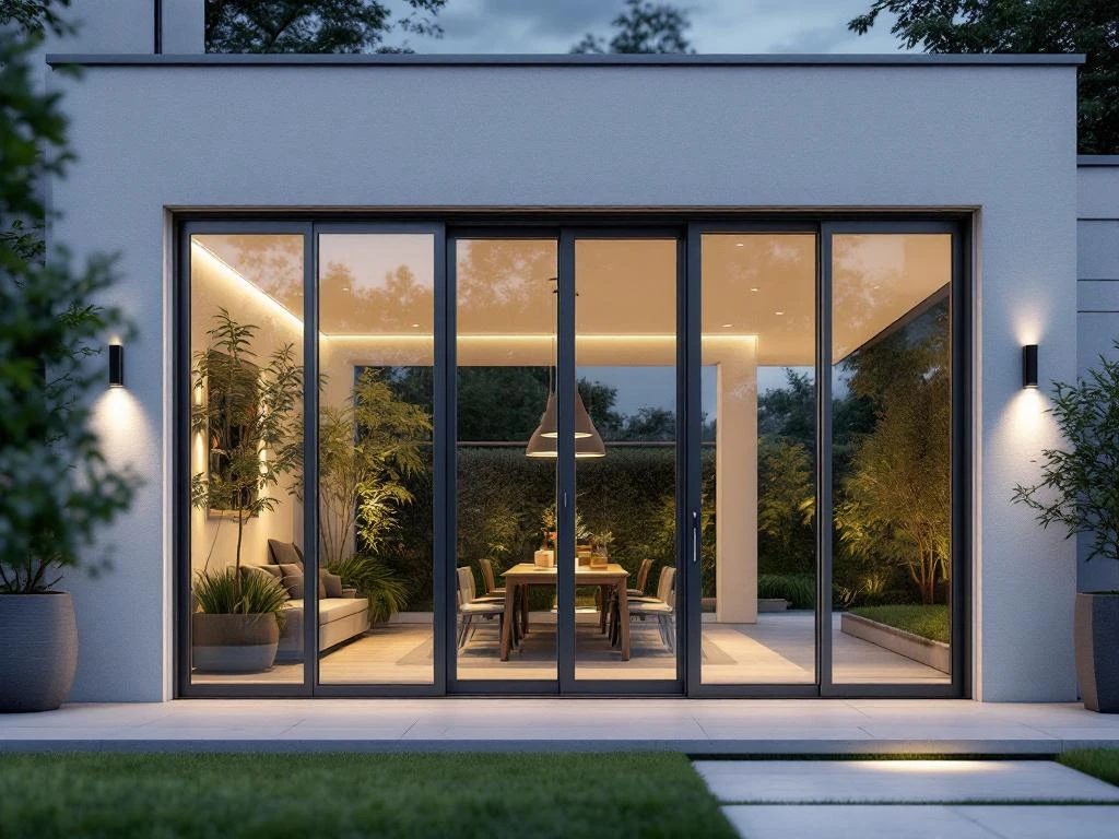 Moderne geautomatiseerde glazen schuifdeuren met antraciet aluminium frames en slimme sensoren in eigentijds huis