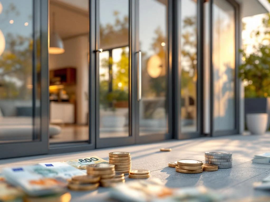 Franse deuren met antracietgrijze aluminium kozijnen, gedeeltelijk geopend met Euro bankbiljetten en munten op voorgrond