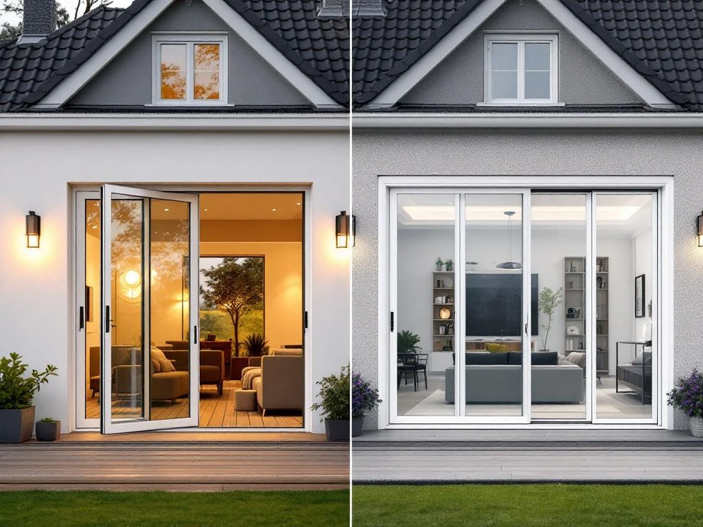 Vergelijking van Franse deuren en schuifpuien met witte PVC-kozijnen op moderne Nederlandse woning met houten terras