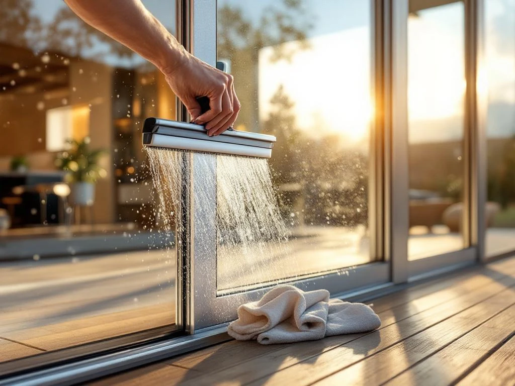 Professionele reiniging van moderne glazen schuifdeuren met ruitenwisser, zonlicht benadrukt helder glas en aluminium frame