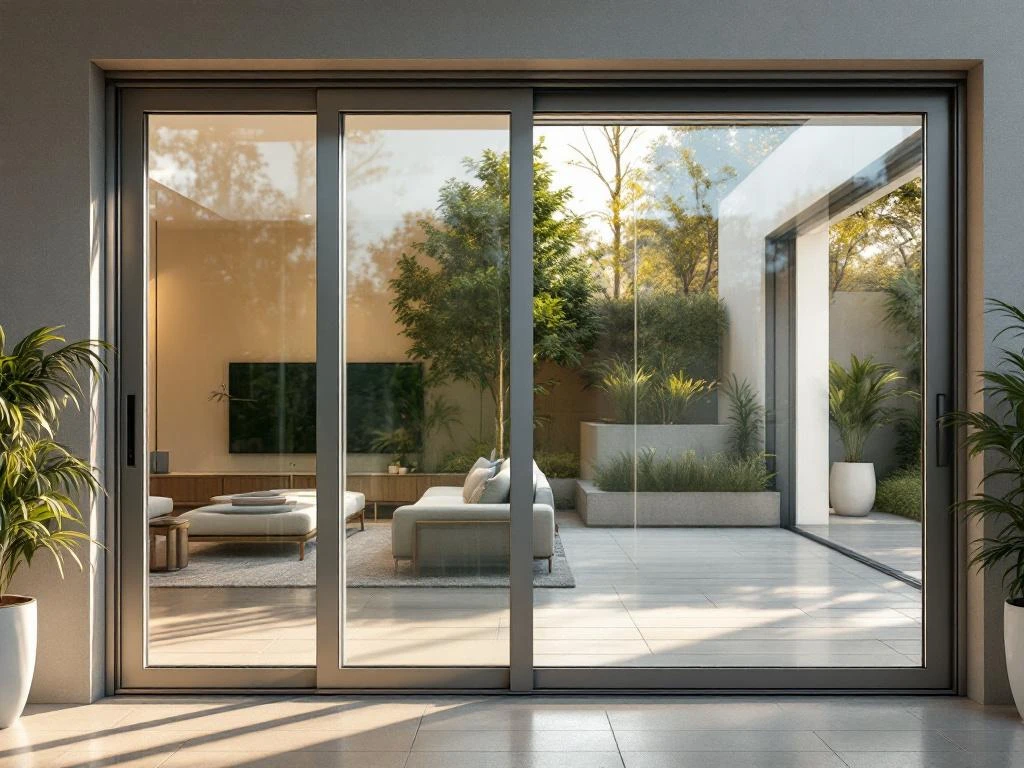 Moderne glazen schuifpui gedeeltelijk open tussen elegante woonkamer en groene tuinterras met natuurlijk licht