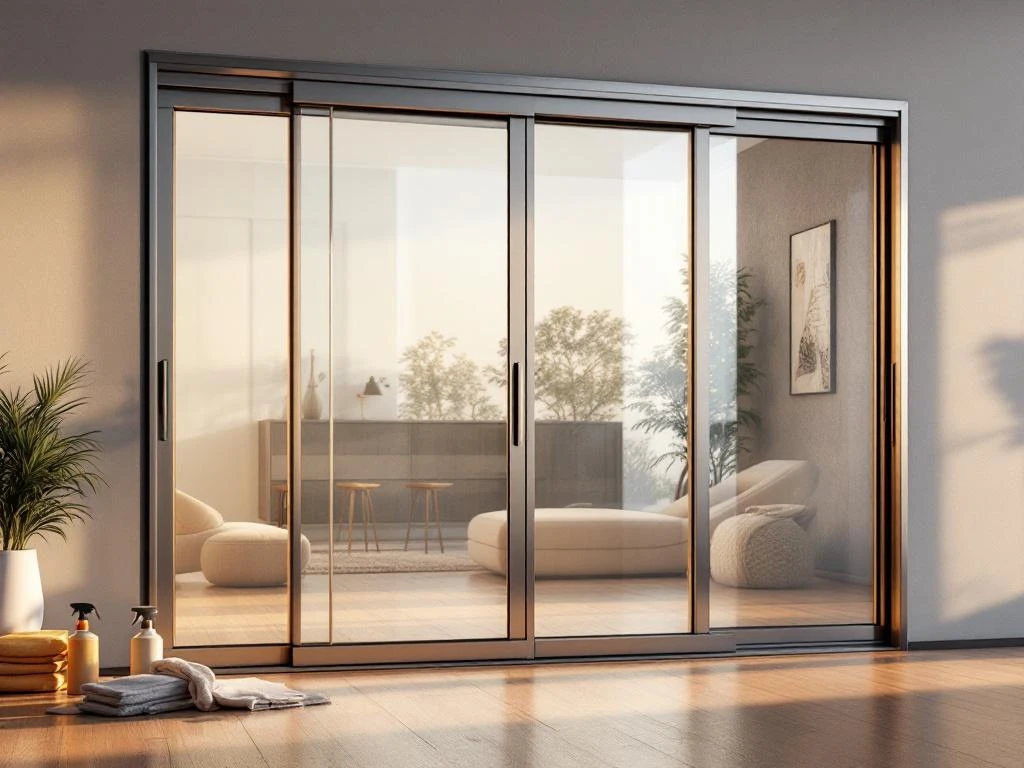 Moderne glazen schuifdeursysteem met aluminium frame en onderhoudsgereedschap in eigentijds interieur