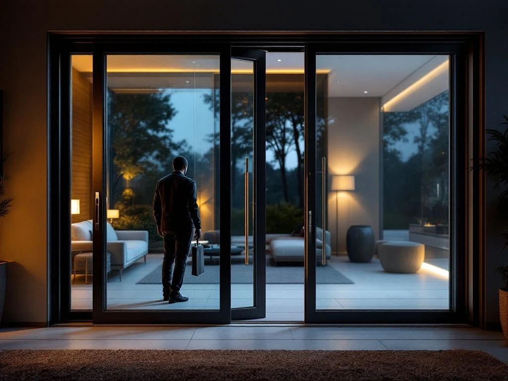 Moderne glazen schuifdeur met aluminium frame en beveiligingshardware, verlicht vanuit eigentijds interieur