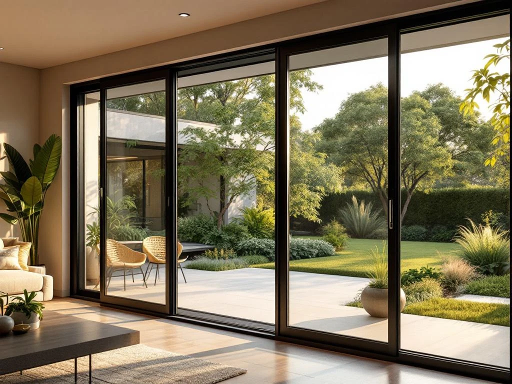 Moderne glazen schuifdeuren verbinden interieur met terras, getoond in warm gouden licht met weelderig groen landschap