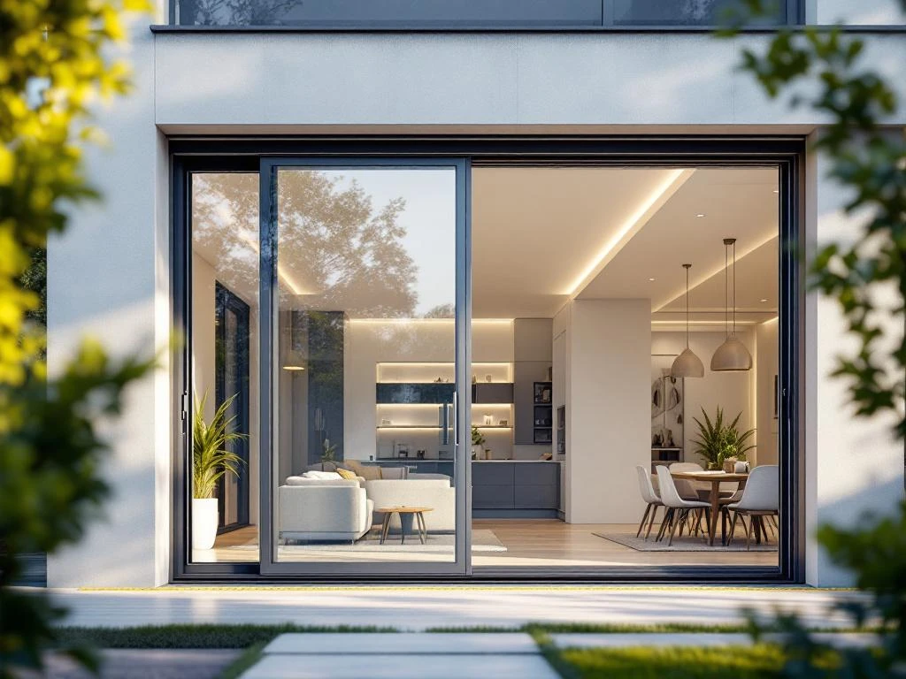 Moderne glazen schuifdeuren gedeeltelijk geopend in eigentijdse woning met aluminium kozijnen en maatindicaties