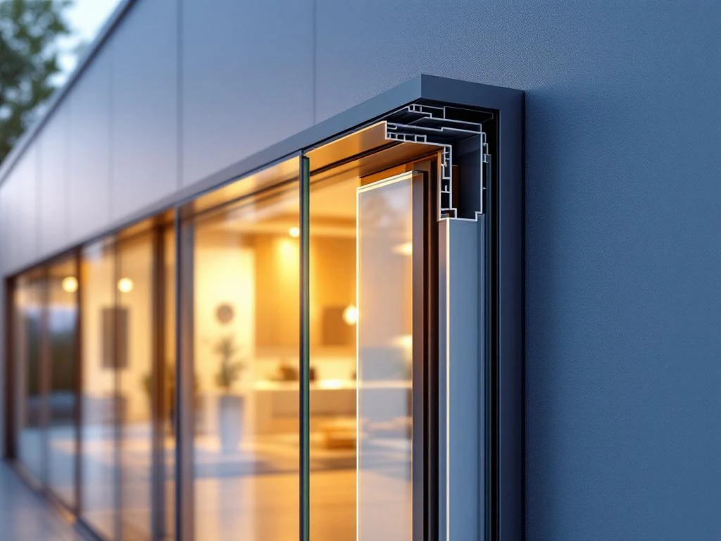 Moderne schuifpui met thermische onderbreking in aluminium profiel, doorsnede toont isolatie-eigenschappen en energiezuinigheid