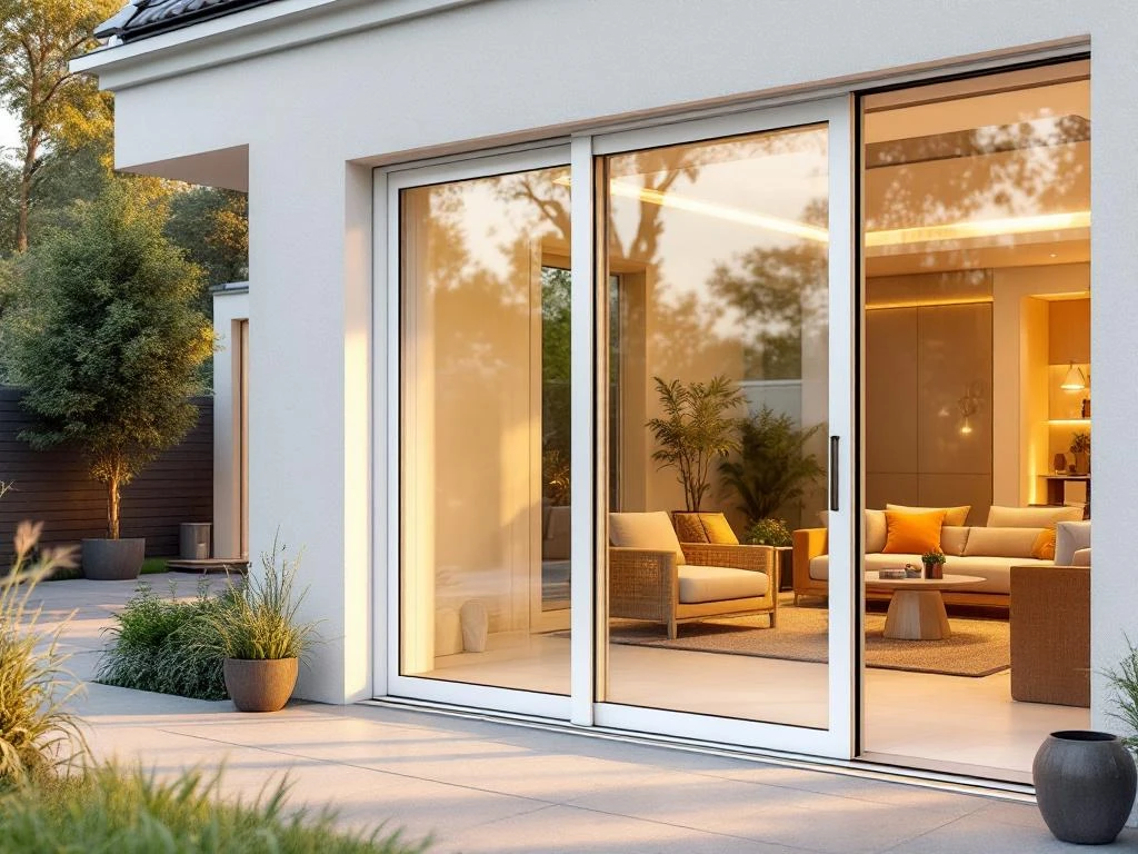 Moderne witte PVC schuifdeur met glazen panelen, gedeeltelijk geopend naar luxe patio met tuinmeubilair en landschap