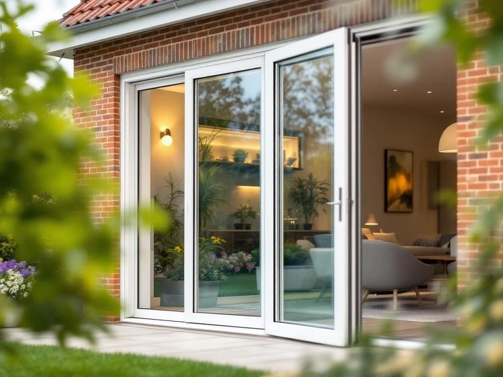 Moderne witte PVC schuifpui half open op Nederlands huis met glazen panelen en aluminium frame tegen bakstenen muur