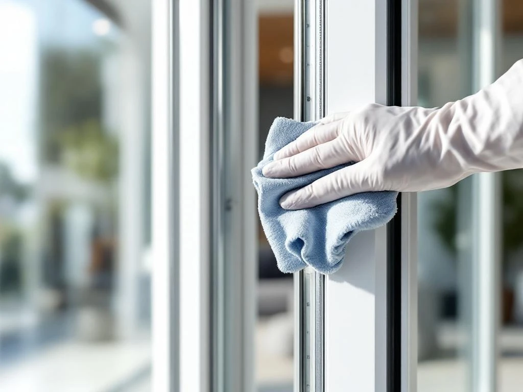 Hand met witte handschoen reinigt aluminium rails van moderne witte PVC schuifdeur met glazen panelen