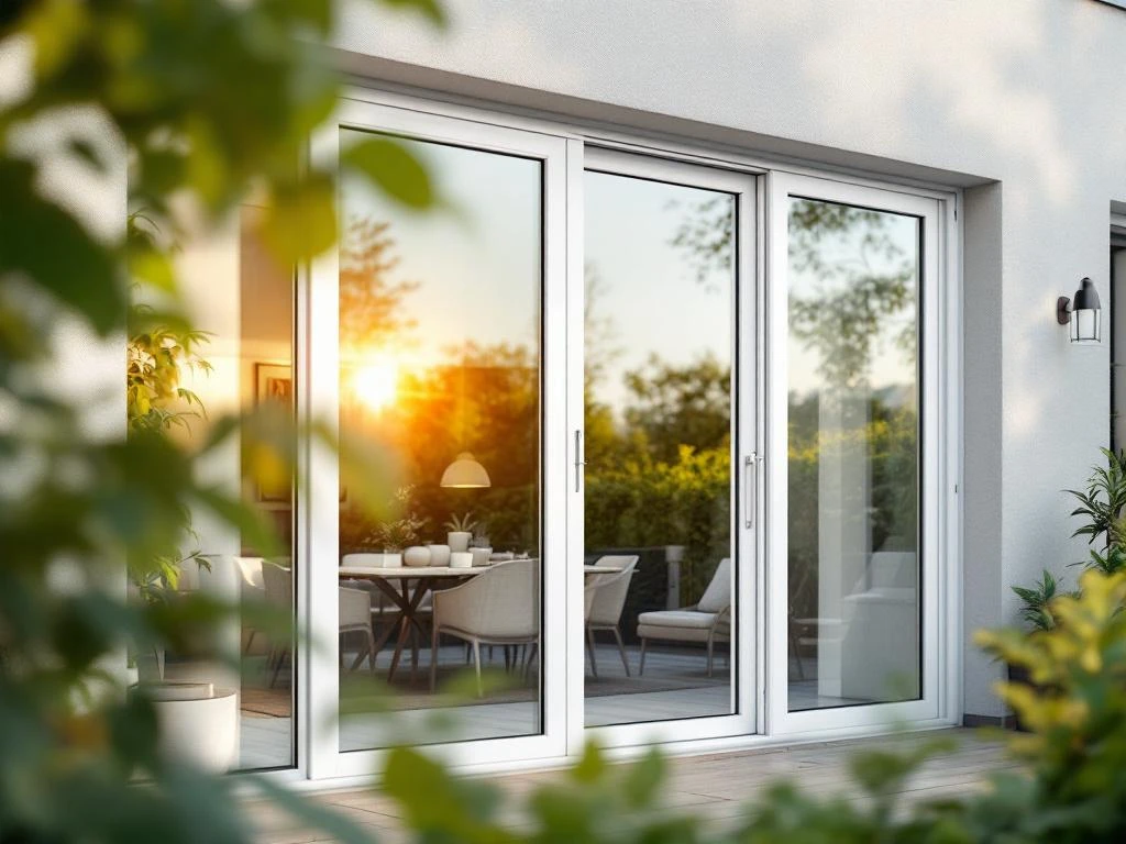 Moderne witte PVC schuifpui met grote glaspartijen, gedeeltelijk geopend naar helder interieur en buitenterras