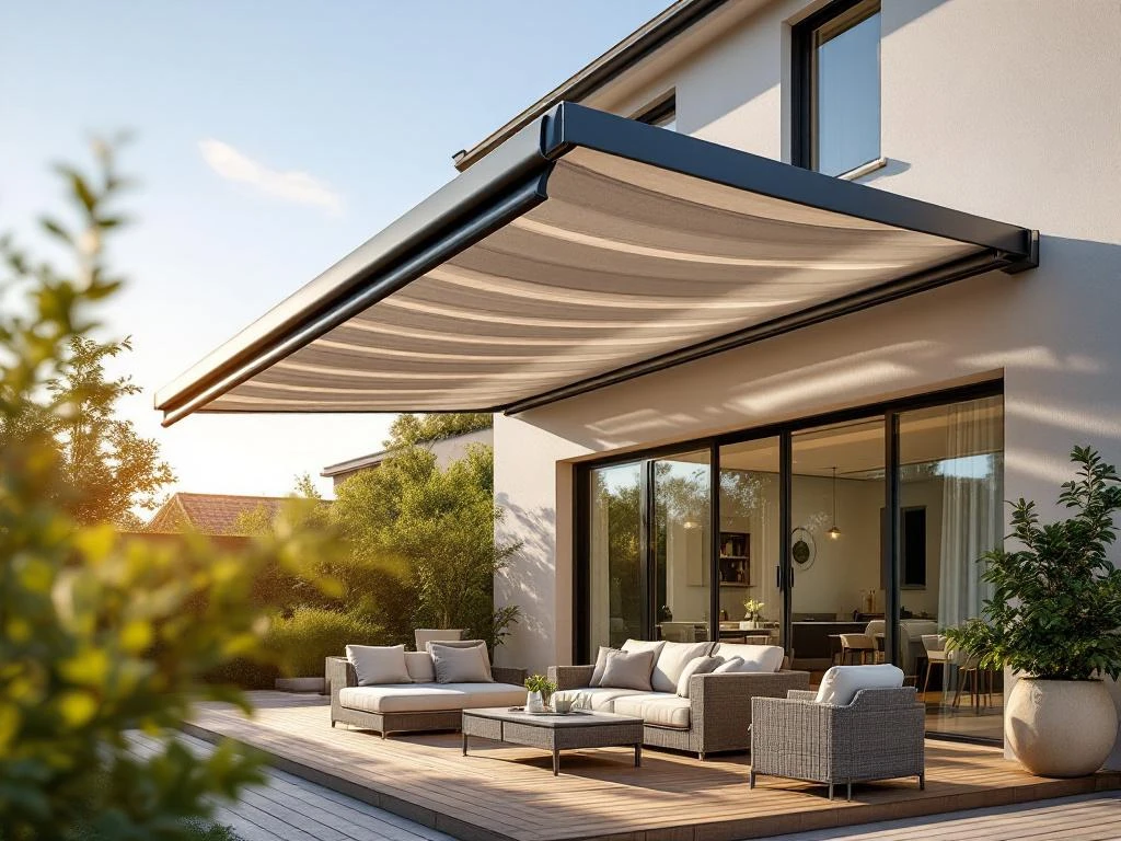 Moderne uitschuifbare aluminium zonwering in grijs-wit boven terras met houten vloer en tuinmeubelen
