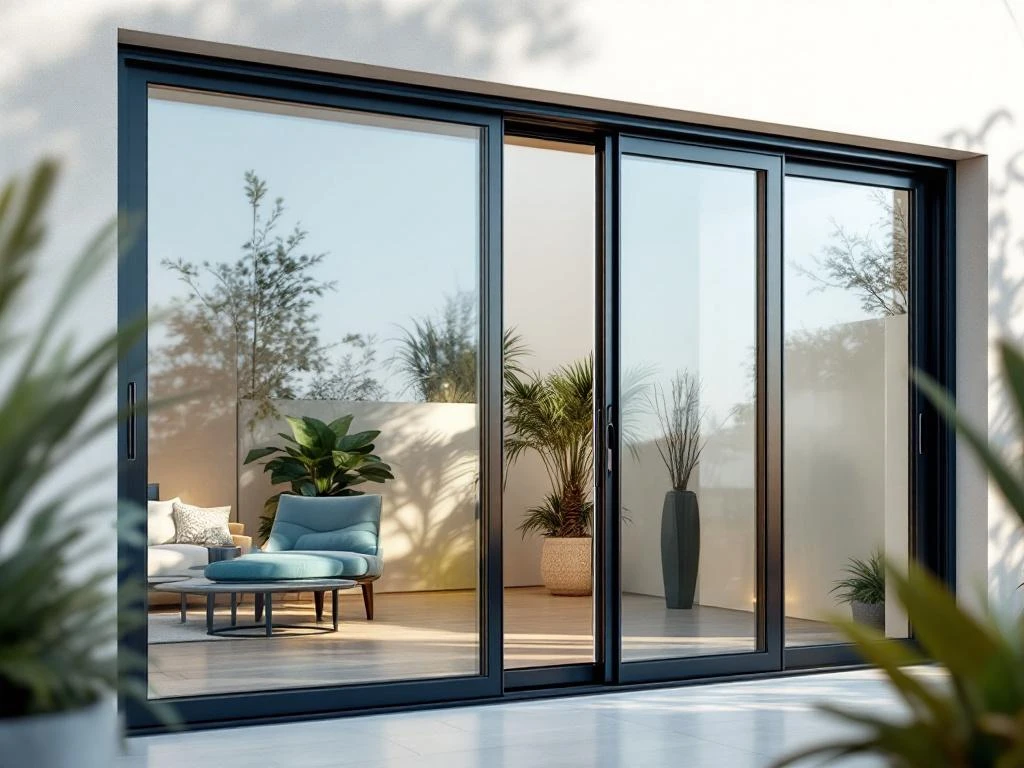 Moderne 4-meter schuifpui met aluminium frames, gedeeltelijk open tussen luxe interieur en terras