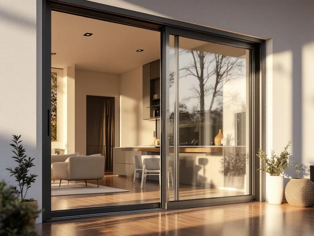 Moderne aluminium schuifpui half geopend in Nederlandse woning, toont rails en premium glaswerk met natuurlijk licht