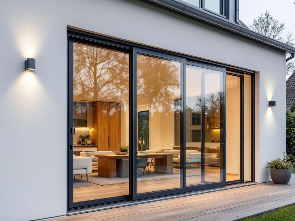 Moderne Nederlandse woning met grote glazen schuifpui, deels geopend, toont naadloze overgang binnen-buiten