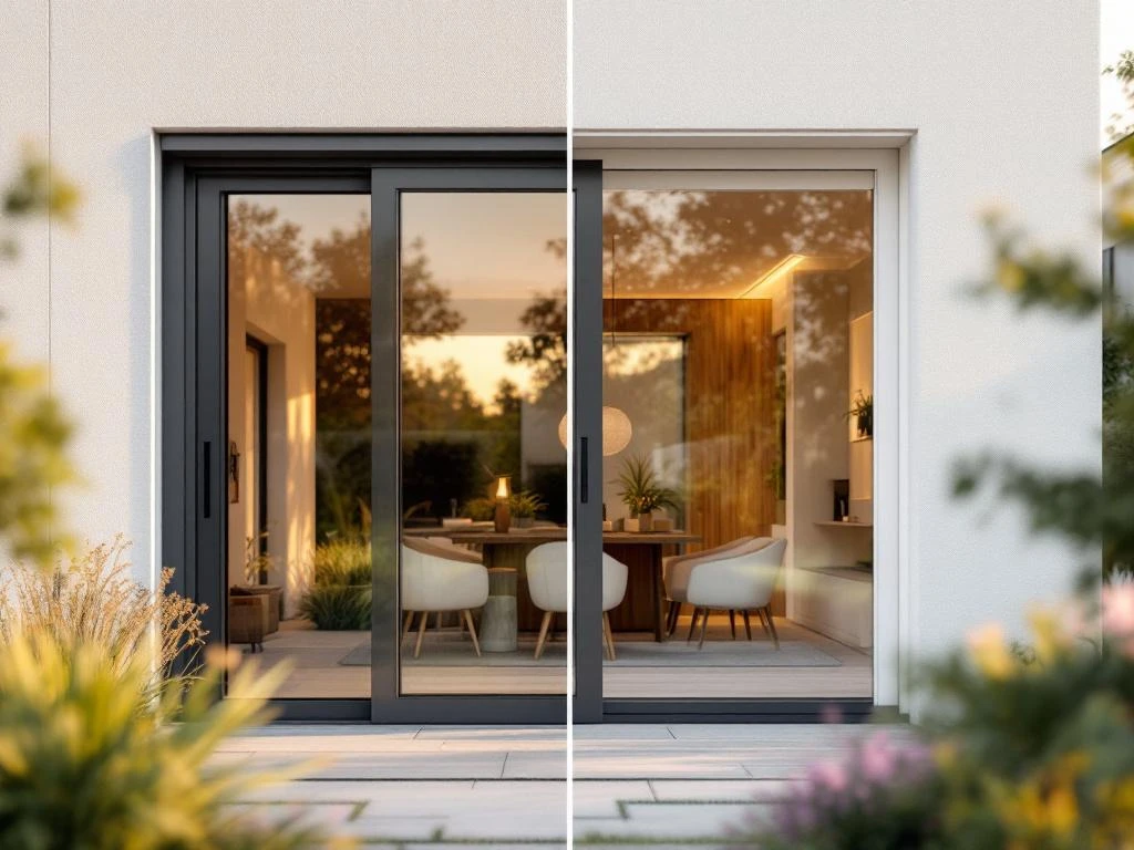 Moderne schuifpuideuren vergelijking: grijze aluminium en witte PVC frames op Nederlandse woning tijdens gouden uur