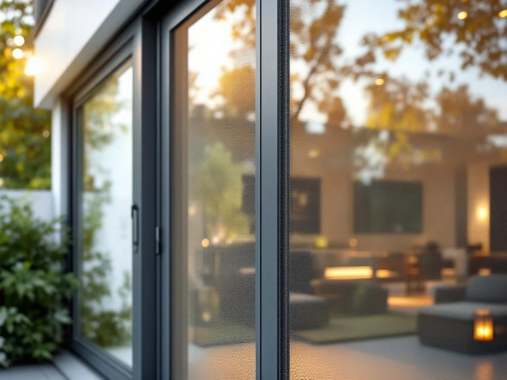 Moderne schuifpui met antracietgrijze aluminium kozijnen en geïntegreerd insectenhor in eigentijdse woning