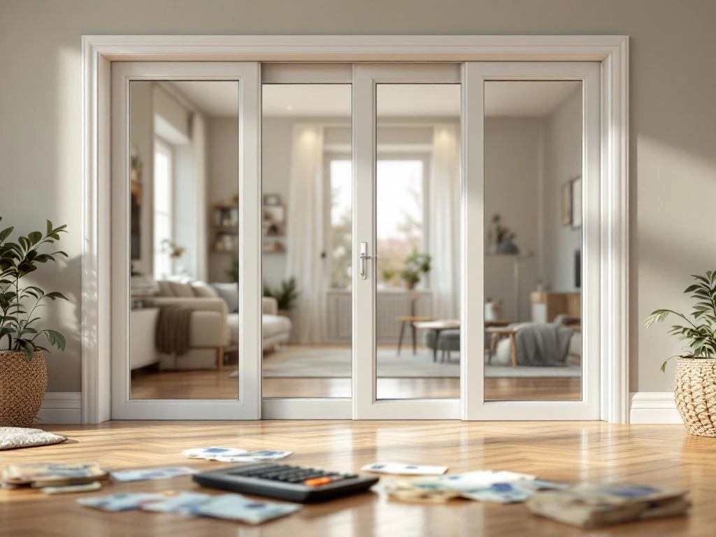 Witte PVC schuifpui met grote glazen panelen, half geopend naar moderne Nederlandse woning, met euro's en rekenmachine