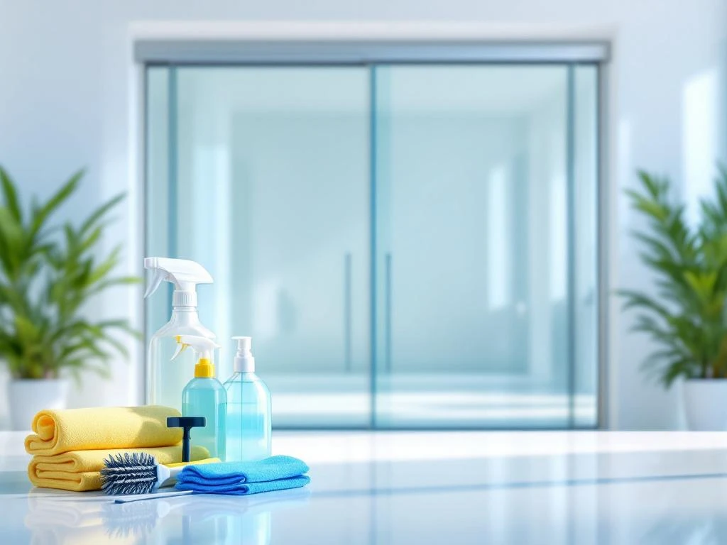 Moderne glazen schuifpui met professionele schoonmaakmiddelen en microfiber doeken op witte ondergrond