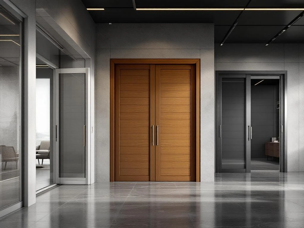 Schuifpuien showroom met vijf kleuren: wit, antraciet, houtkleur, zwart en aluminium zilver in moderne setting