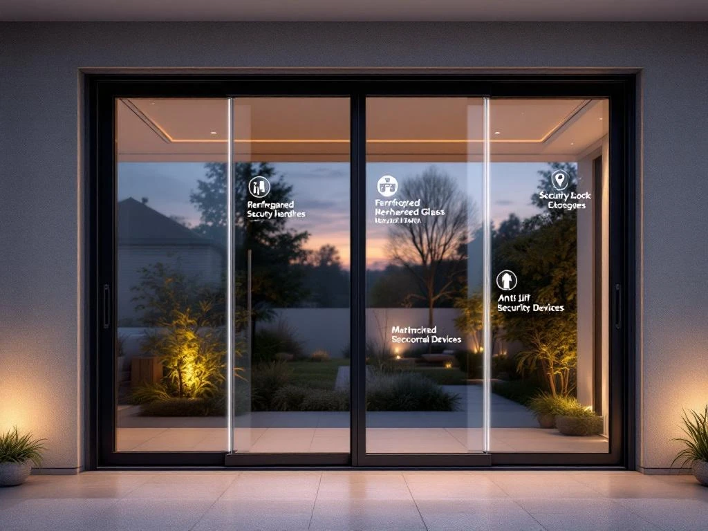Moderne glazen schuifpui met veiligheidssloten en antraciet aluminium frame, zicht op verlichte tuin bij schemering