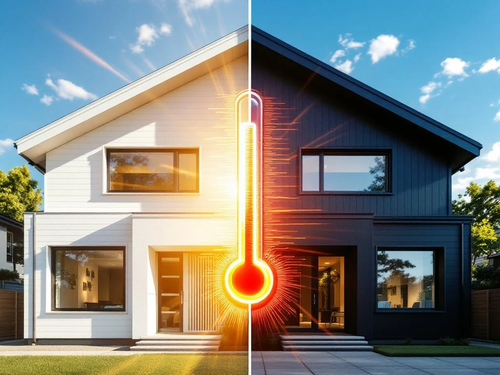 Twee identieke moderne huizen zij aan zij: links wit PVC, rechts zwart aluminium met thermometer die warmteverschil toont