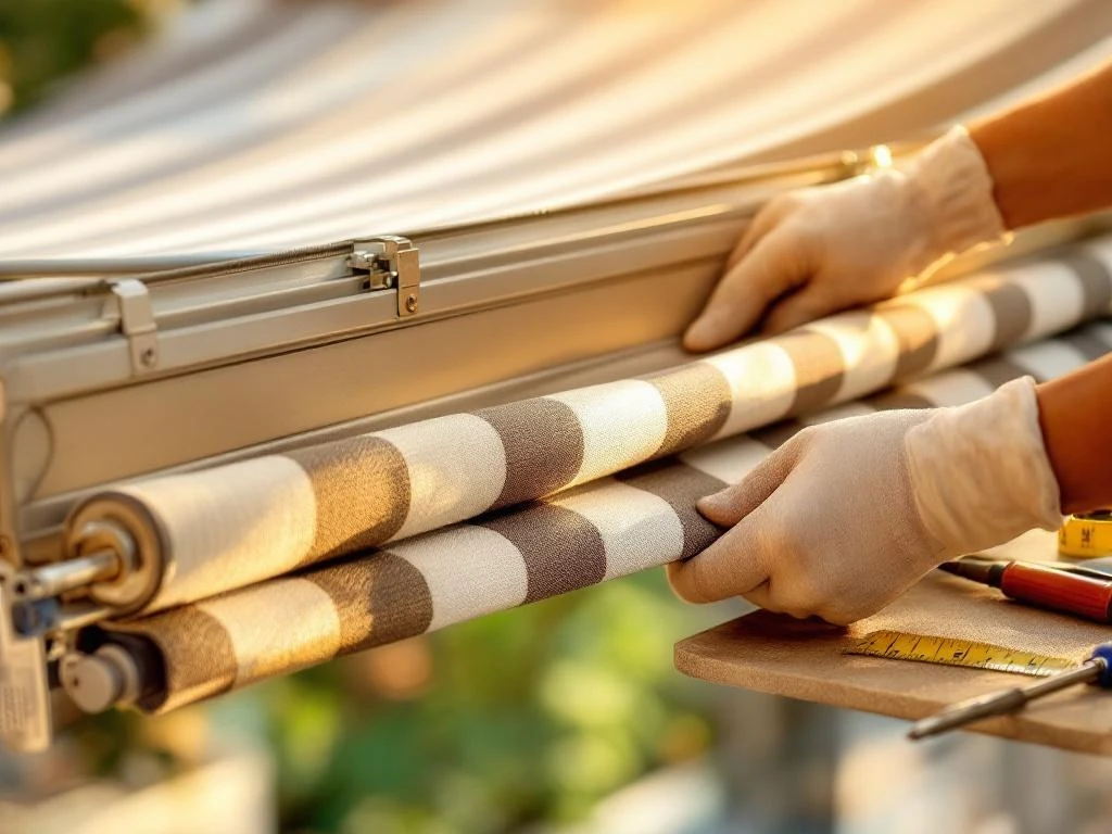 Vakman verwijdert versleten gestreepte markiesdoek van uitschuifbaar zonnescherm met gereedschap op werktafel