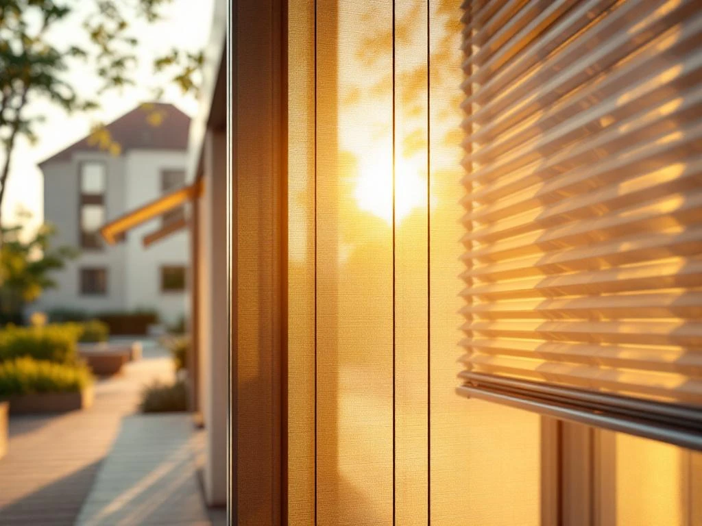 Moderne zonwering met aluminium screens, uitvalbewering en rolluiken in Nederlandse woning met warme zonlichtinval