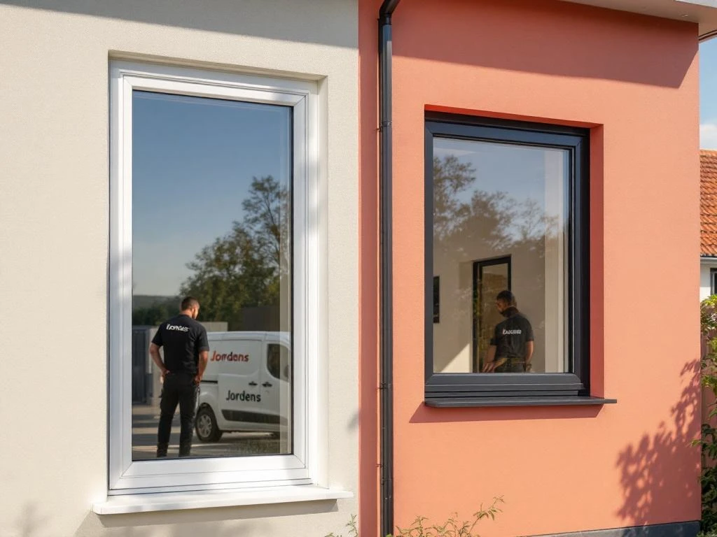 Jordens vakman installeert aluminium raamkozijnen op modern Nederlands huis met witte en zwarte kozijnen naast elkaar