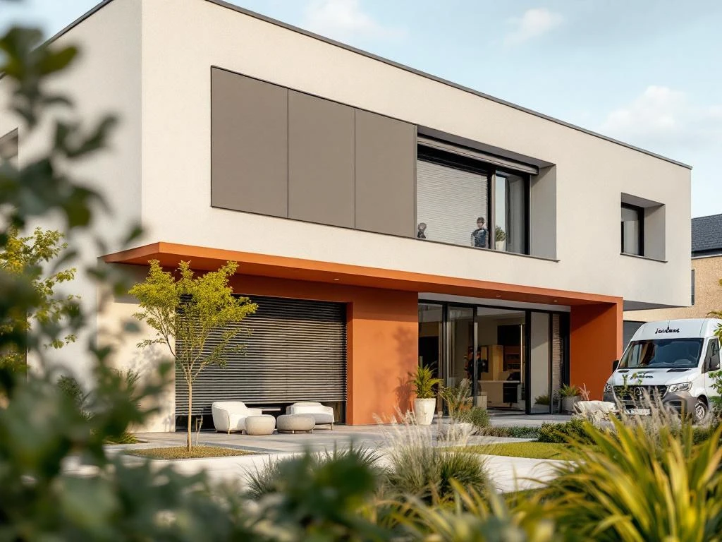 Jordens vakmannen installeren aluminium rolluiken op moderne Nederlandse woning met beige en terracotta accenten